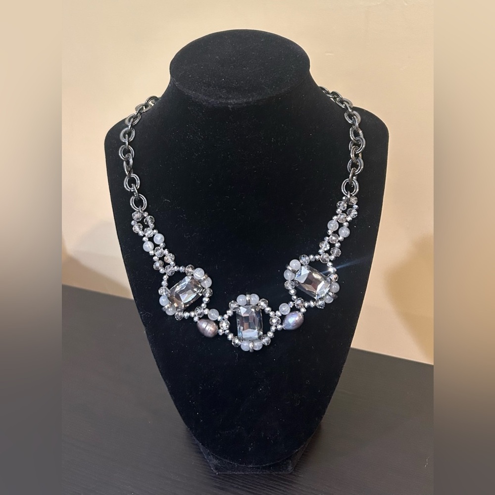 Rhinestone Glam Statement Necklace Gunmetal Tone Pearls Beaded